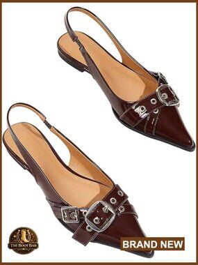 Slingback Flats Pointed Toe Low Heel Metal Buckle Ballet Flats Dressy Work Shoes